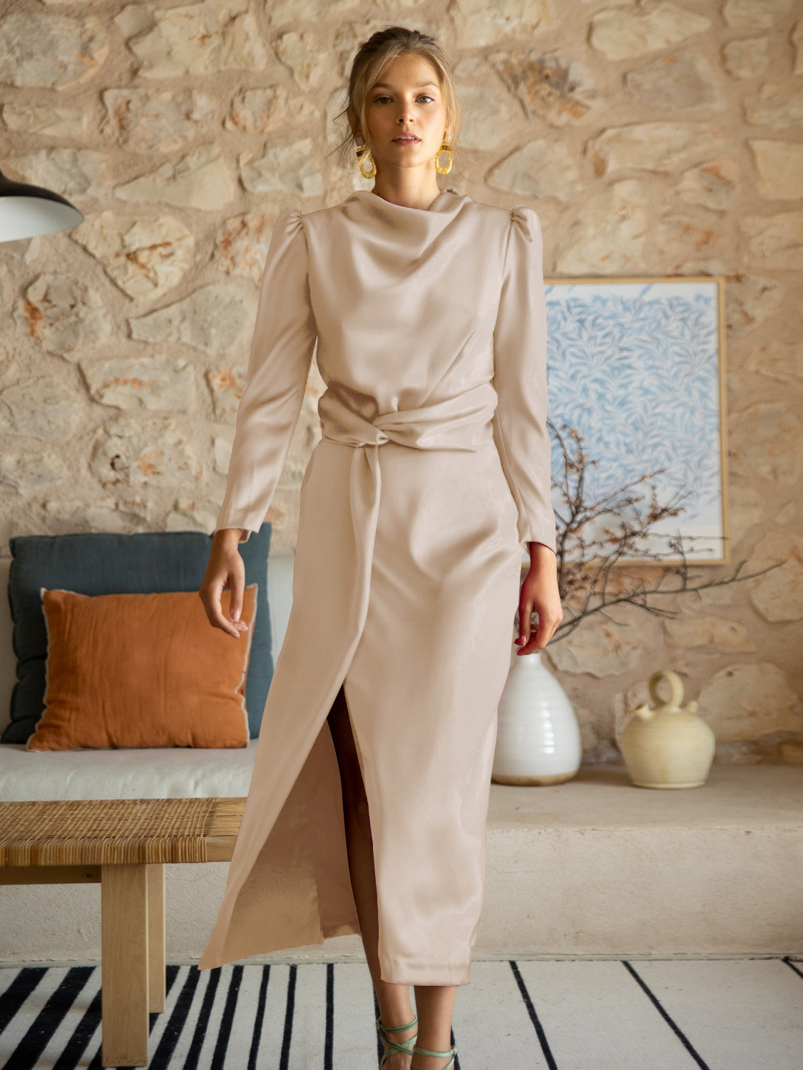 Elegant Satin Long Sleeve Slit Solid Color Maxi Dress | Oxredo Shop Ramadan Sale