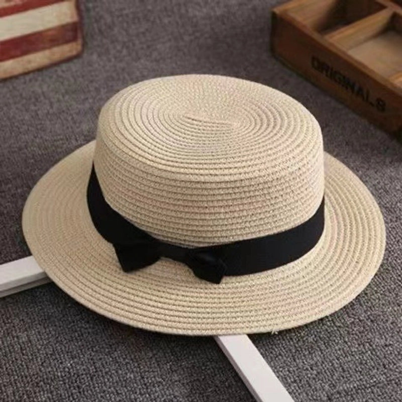 Straw Hat Summer Travel Bow Big Flat Top Hat Sunshade Sun Protection Retro Small Top Hat Beach Hat