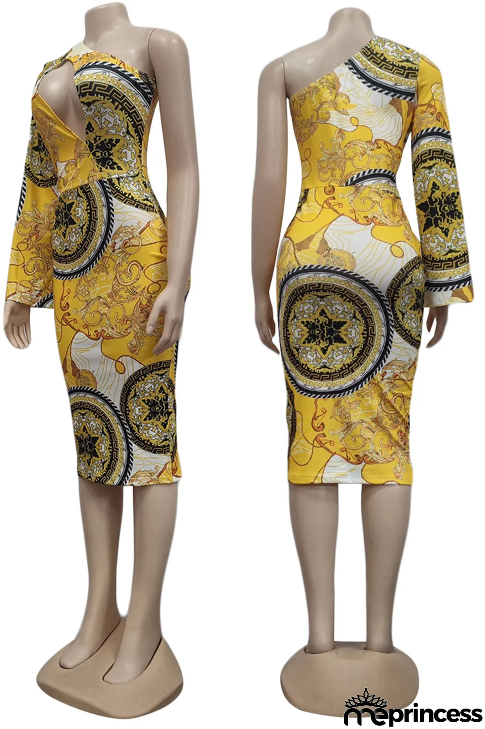 Green Sexy Print Hollowed Out One Shoulder Pencil Skirt Dresses