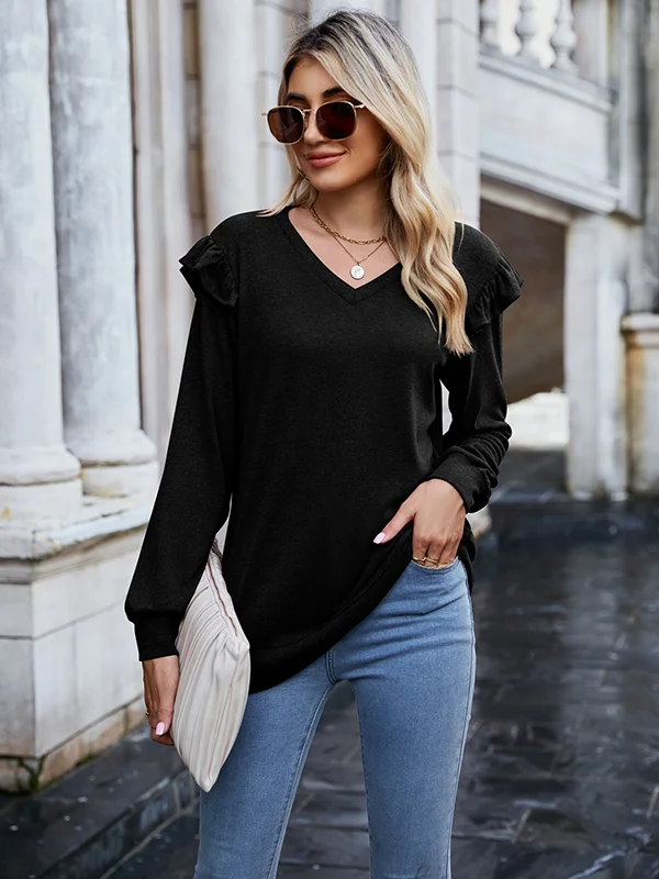 Casual Loose Solid Color V-Neck Shirts Top