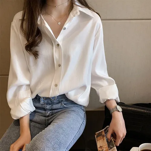 2021 New Women Shirts and Blouses Long Sleeve Lapel Chiffon Blouse Fashion Solid Office Style Ladies Tops Blusas Mujer 7311 50