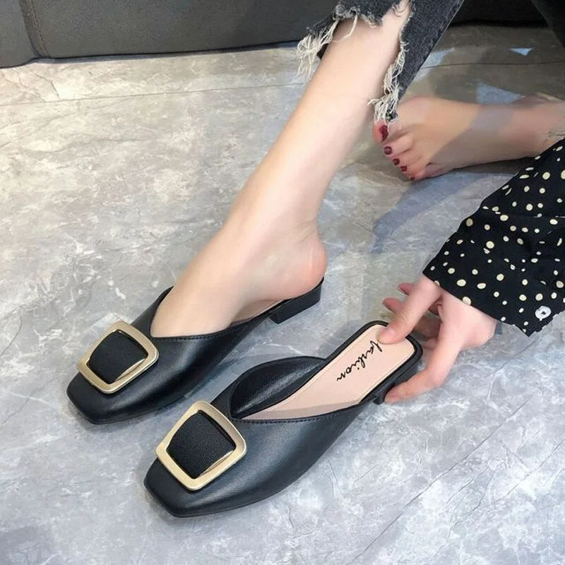 Women's Low Heel Ladies Summer Sexy Square Toe Button Slippers Slip on Leisure Woman Shoes Fashion Feminine Slippers Mules Shoes