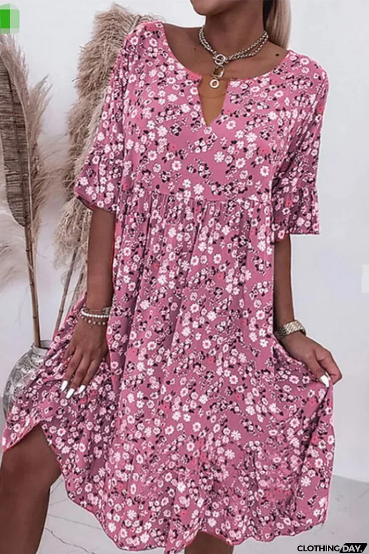 Floral Button Flares Sleeve Dress