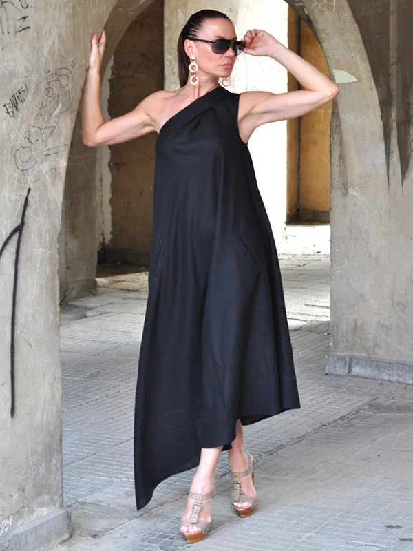 Black&White Asymmetric One-Shoulder Cropped Sleeveless Maxi Dress