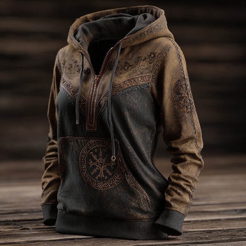 Women's Vintage Viking Tree Of Life Pattern Casual Zip-up Sweatshirt elevenforest