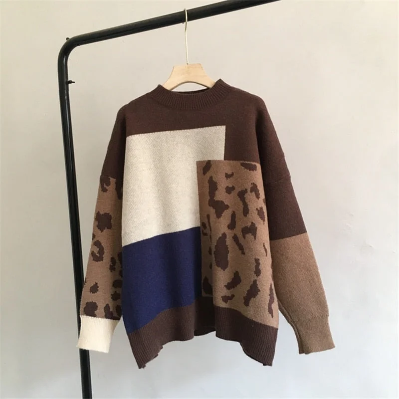 Hirsionsan Leopard Patchwork Cashmere Sweater Women Loose Casual Knitted Pullovers Autumn Soft Knitwear Female Retro Jumper