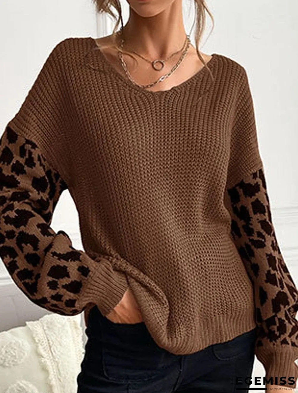 Casual Leopard Print Stitching V-Neck Long-Sleeved Sweater | EGEMISS
