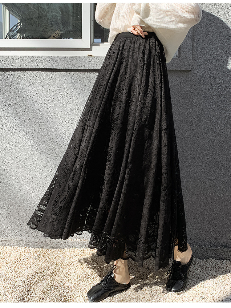 Fashionable Elegant Hollow Lace High Waist Slim A-Line Pleated Skirt