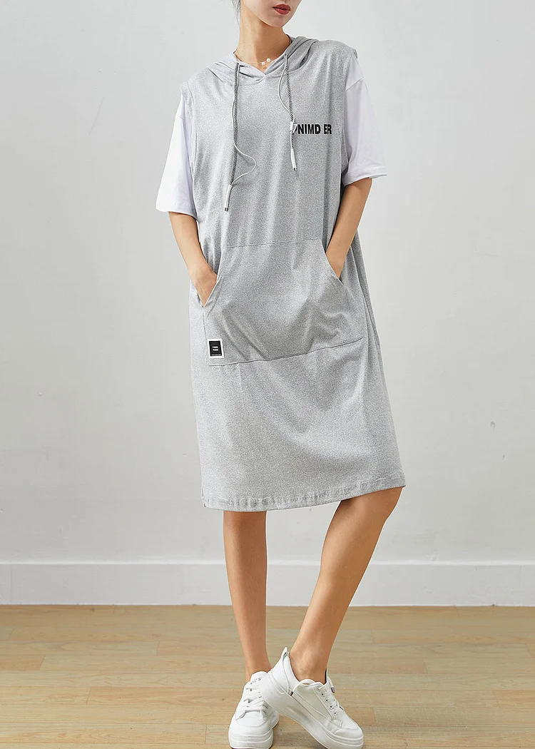 Grey Patchwork Cotton Fake Two Piece Sweatshirts Dress Drawstring Summer
