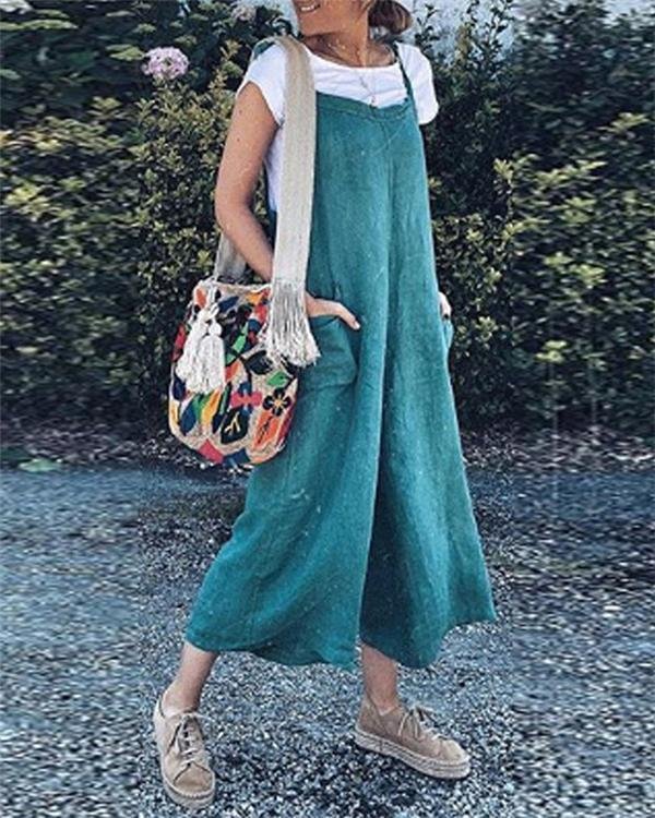 Sleeveless Linen Loose Solid Casual Loose Daily Jumpsuits