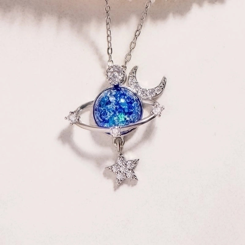 925 Sterling Silver Plating Star Moon Pendant Necklace