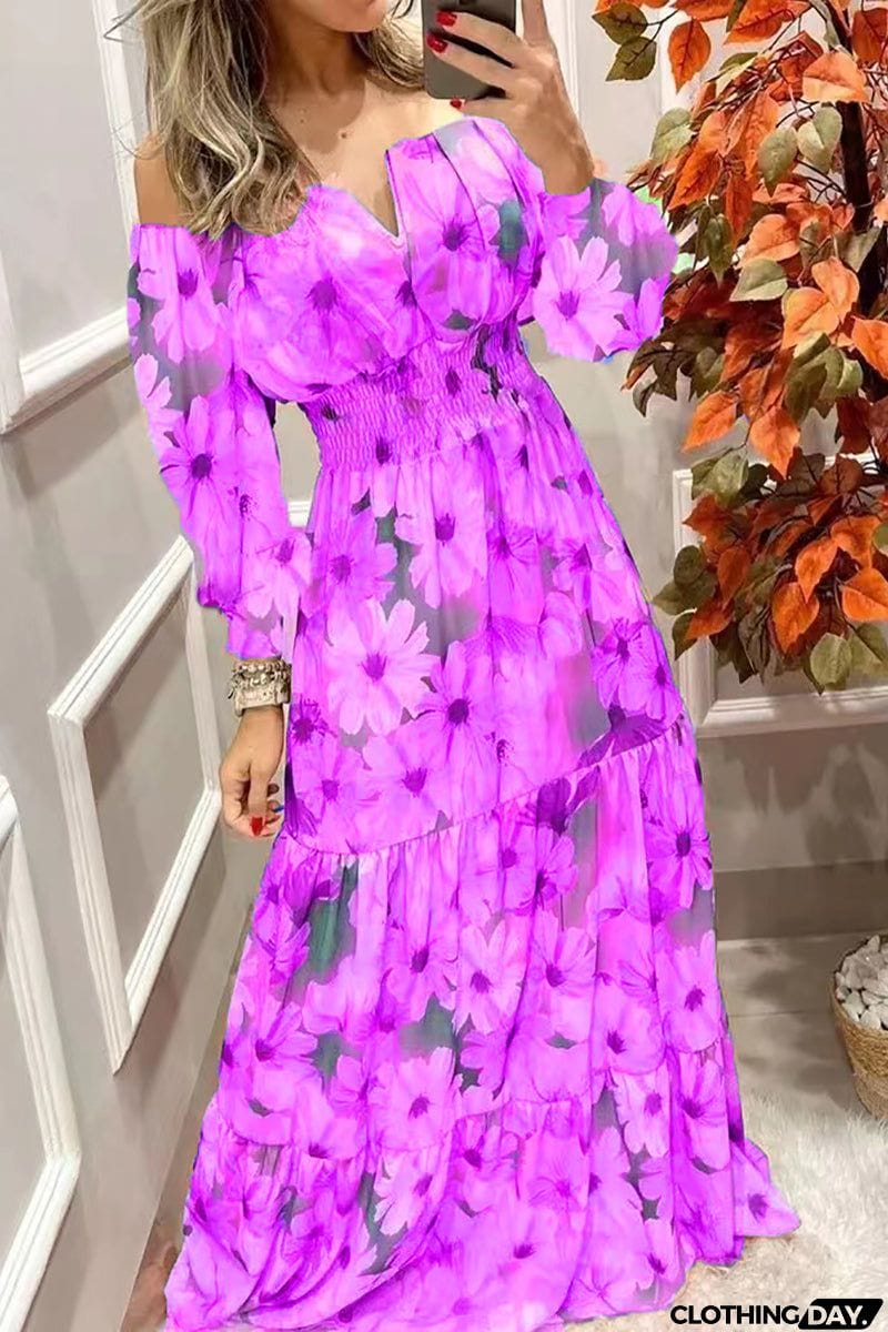Floral Off Shoulder V Neck Maxi Dress