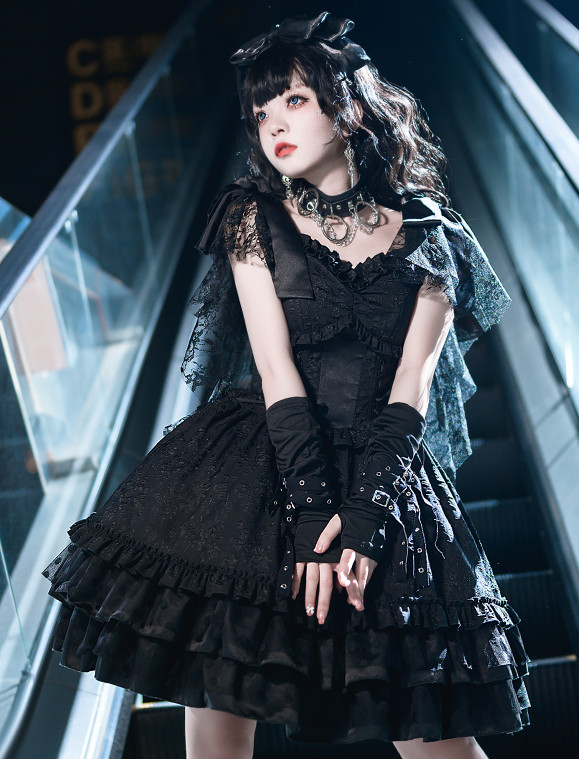 Gothic Black Lolita Dress Lace Push Up Boned Drawstring Girls Dress Novameme