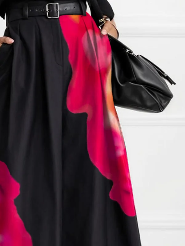 Asymmetric Contrast Color Floral Printed Split-Joint Wide-Leg Pants