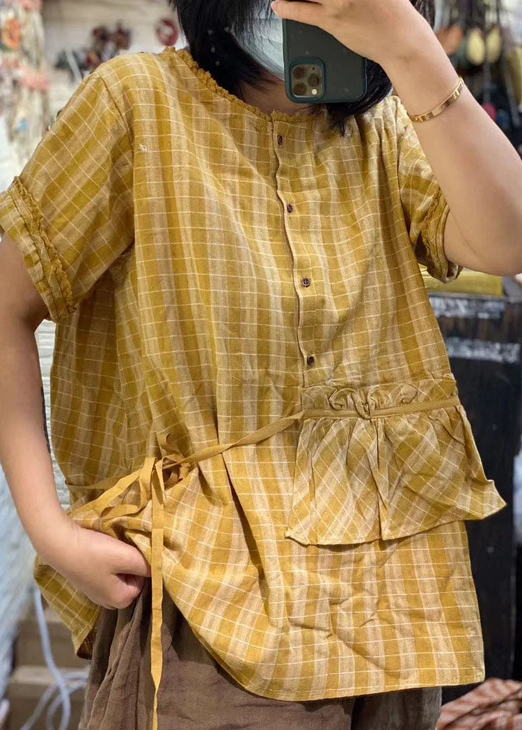 Boutique Yellow Ruffled Loose Plaid Linen Shirt Top Short Sleeve