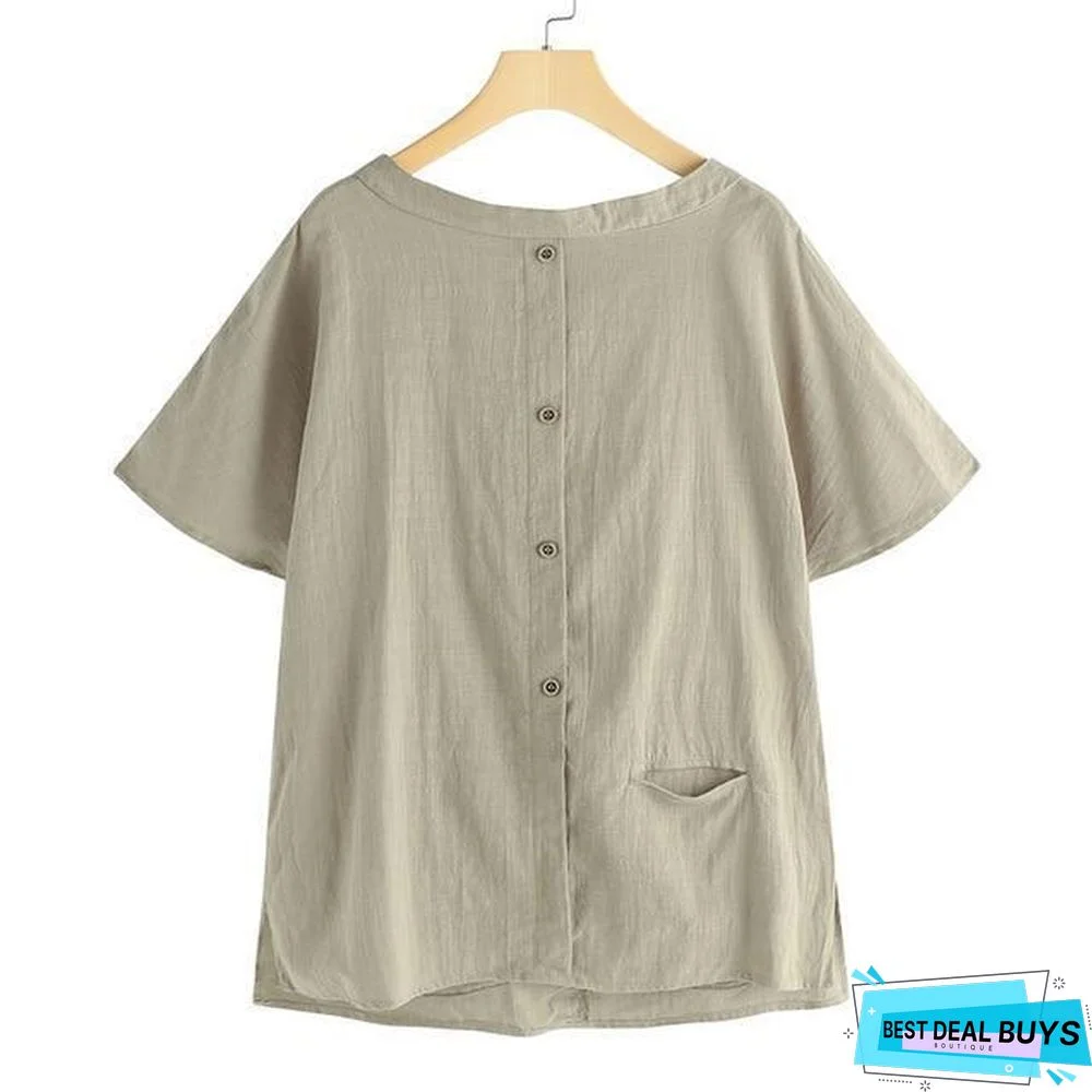 Oversized Vintage Cotton Tops Women Blouses Short Sleeve Buttons Casual Shirts Pockets Loose Tops