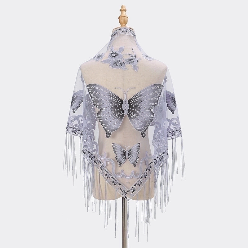 New Tassel Triangle Scarf Solid Color Hollow Lace Butterfly Embroidered Triangle Shawl Scarf For Women