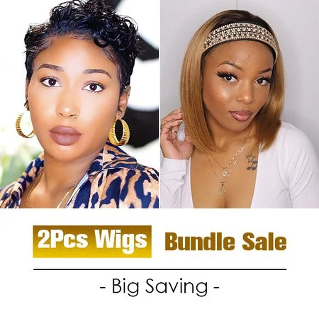 WEQUEEN 8 Inches Curly 13x4 Lace Front WIgs with 4/27  Straight Bob Headband Wigs