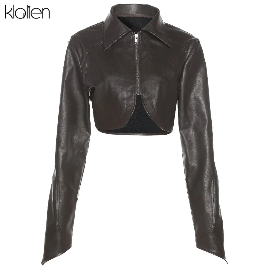 KLALIEN Fashion Casual Turn-down Collar Zipper Slim PU Leather Coat For Women Streetwear Short Jacket Solid Black Y2K Clubwear