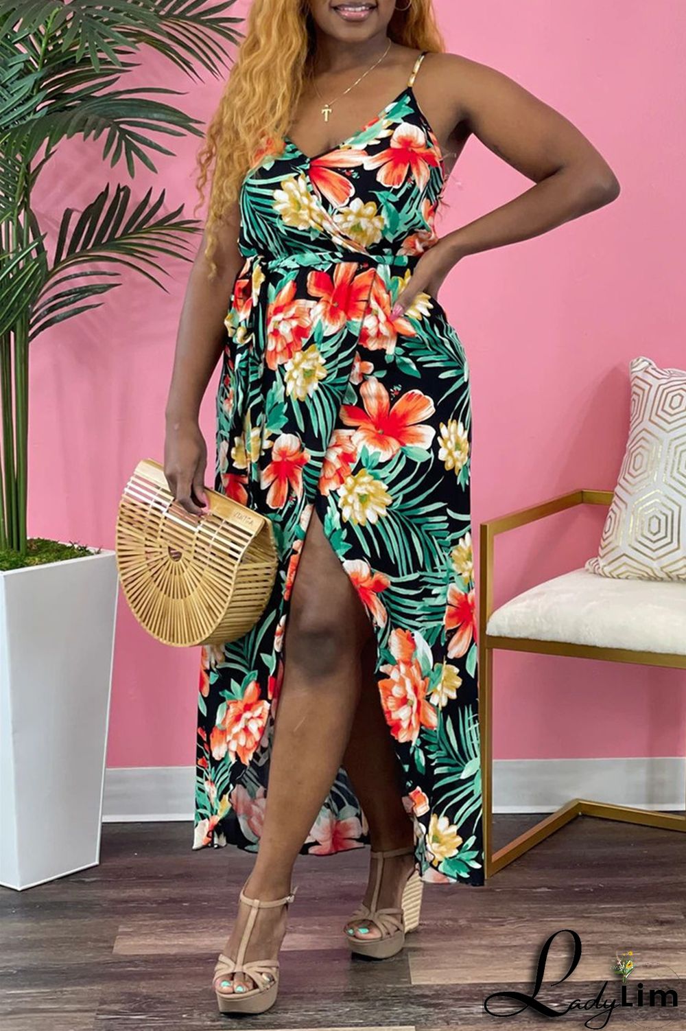 Green Sexy Casual Print Bandage Backless V Neck Sling Dress