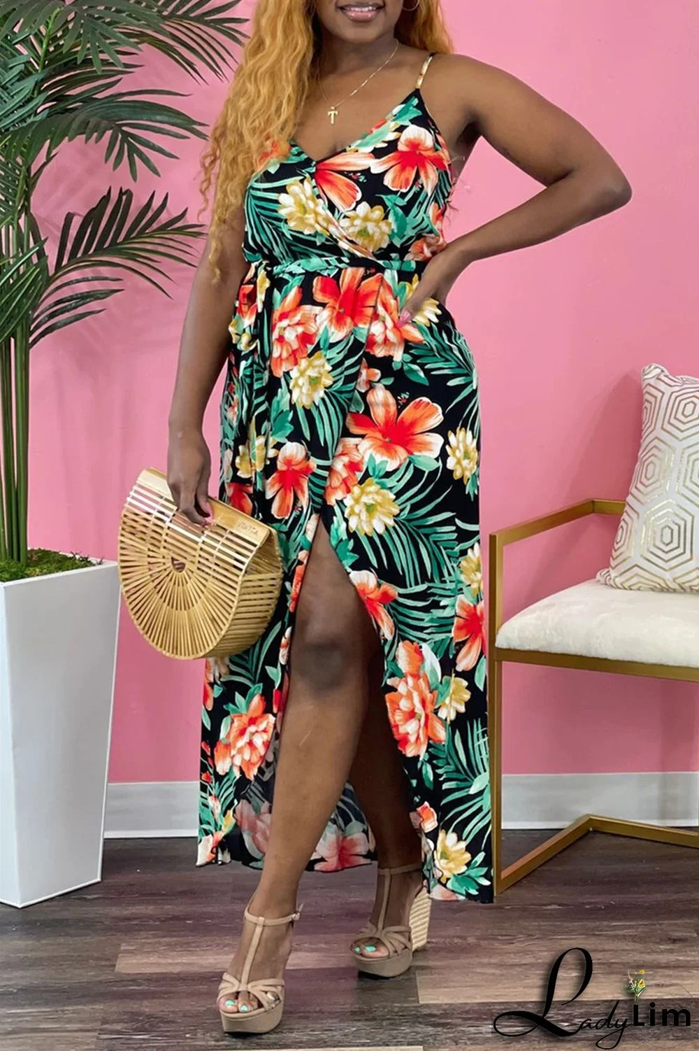 Green Sexy Casual Print Bandage Backless V Neck Sling Dress