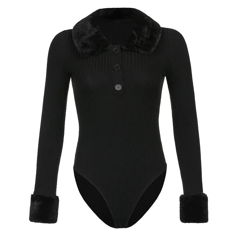 HEYounGIRL Black Furry Collar Autumn Knitted Bodysuit Women Elegant Chic Long Sleeve Bodycon Short Jumpsuit Ladies Casual Winter