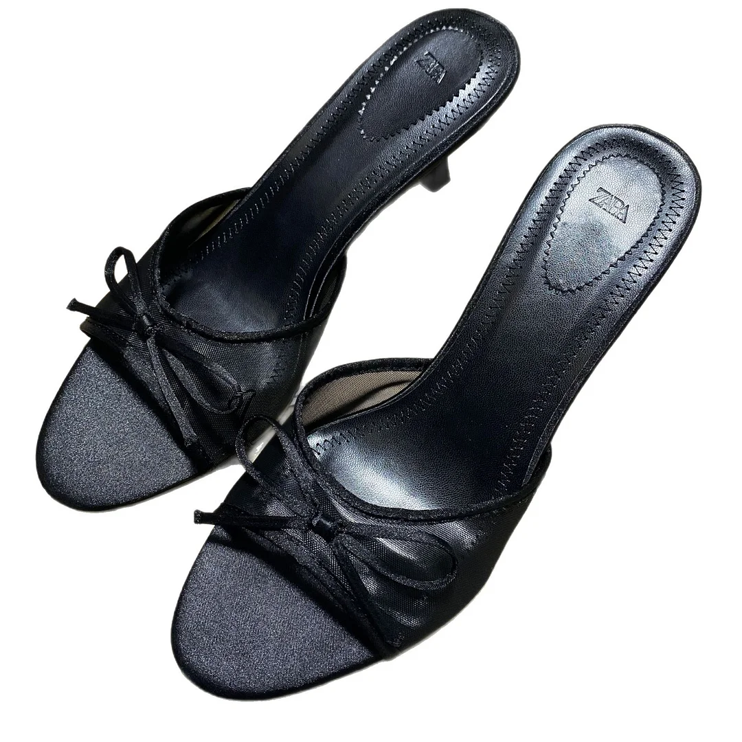 Breakj Breakj Home 2025 New Women's Shoes Fashion With Back Empty Slippers Fabric Bows Decorated With High Heel Sandals