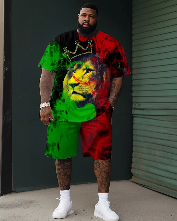 Men's Large Size Street Cartoon Color Block Red And Green Lion Graffiti Short-Sleeved Shorts Suit