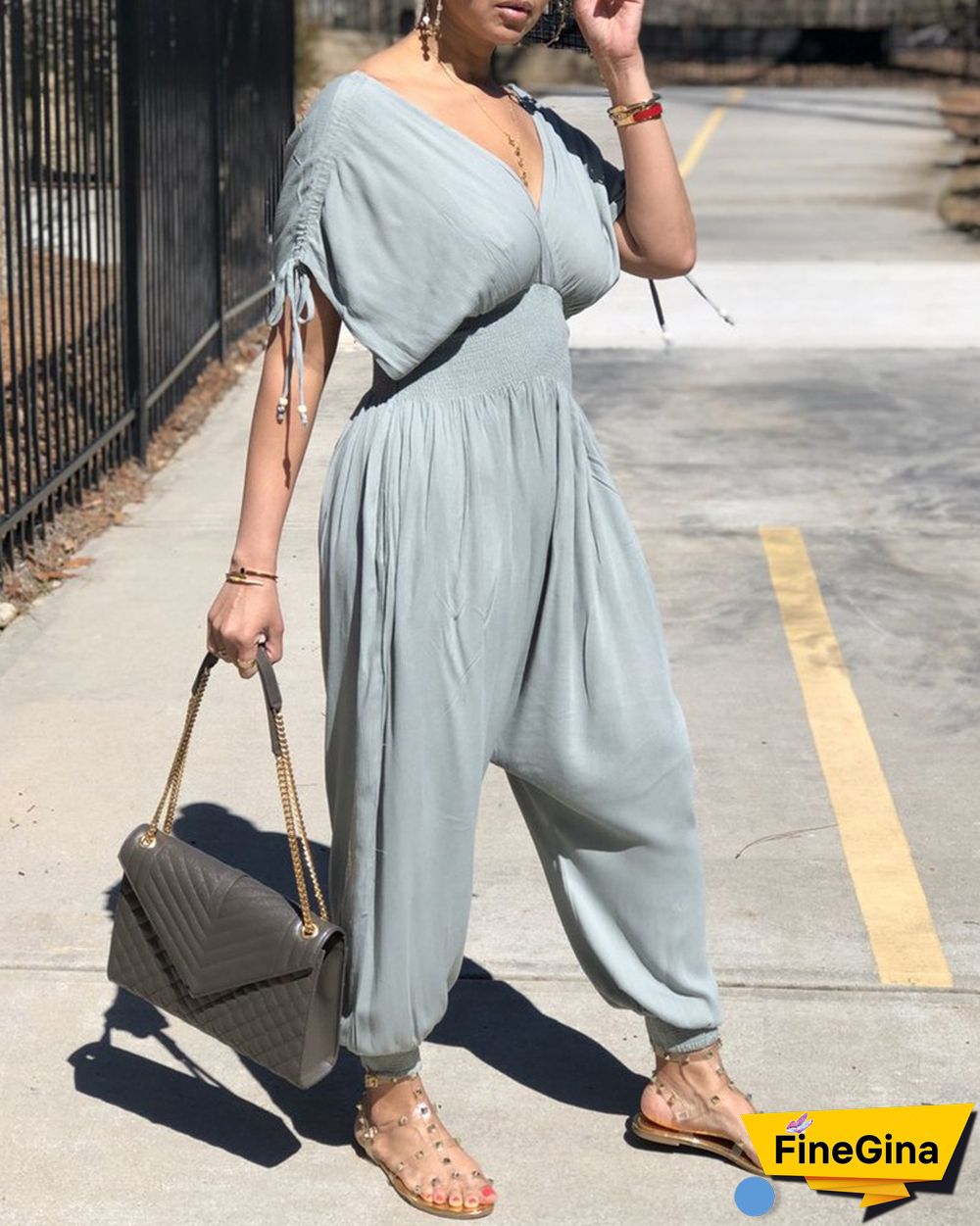 Drawstring Ruched Shirring Waist Jumpsuit