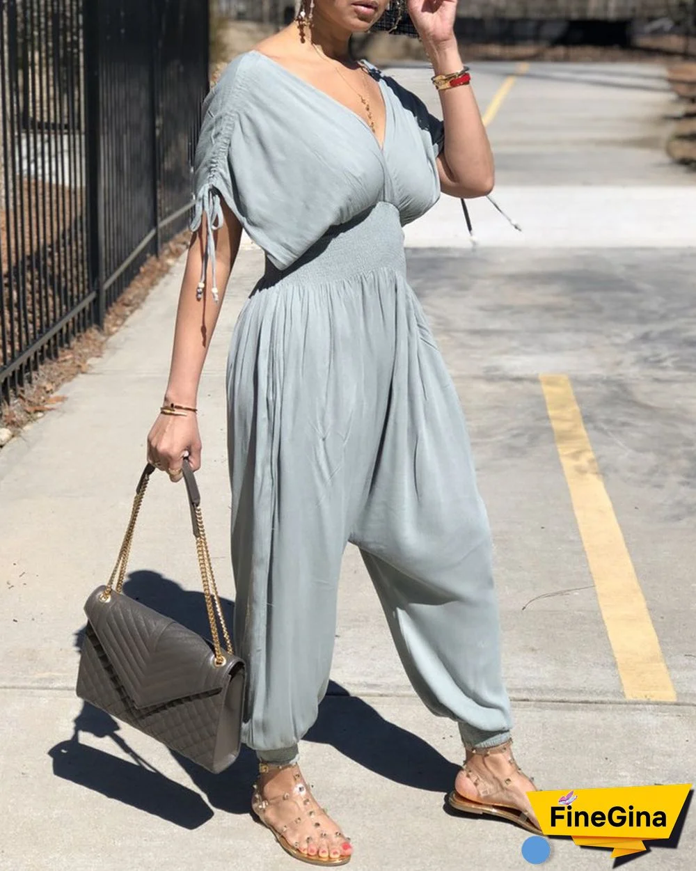 Drawstring Ruched Shirring Waist Jumpsuit