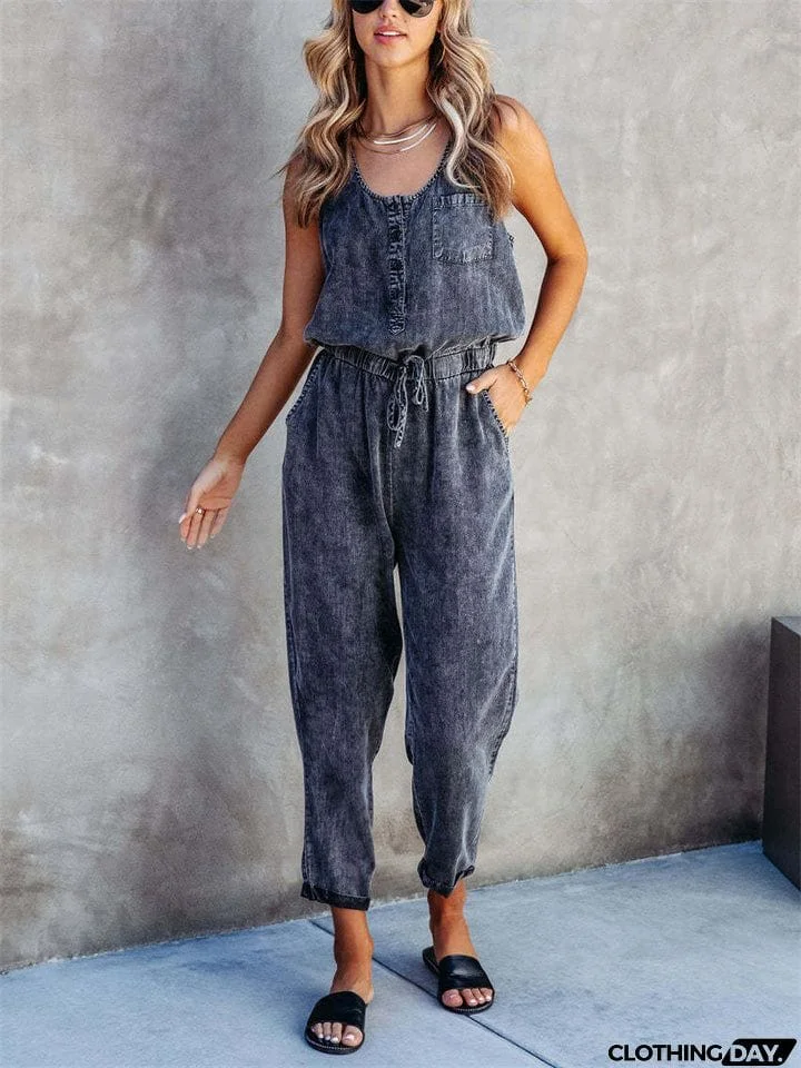 Women's Trendy U Neck Sleeveless Elastic Waist Loose Denim Jumpsuits