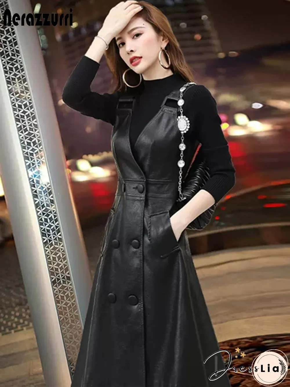 Summer Long Black Leather Dress Womens Strap Midi Faux For Womens Elegant Korean Fashion
