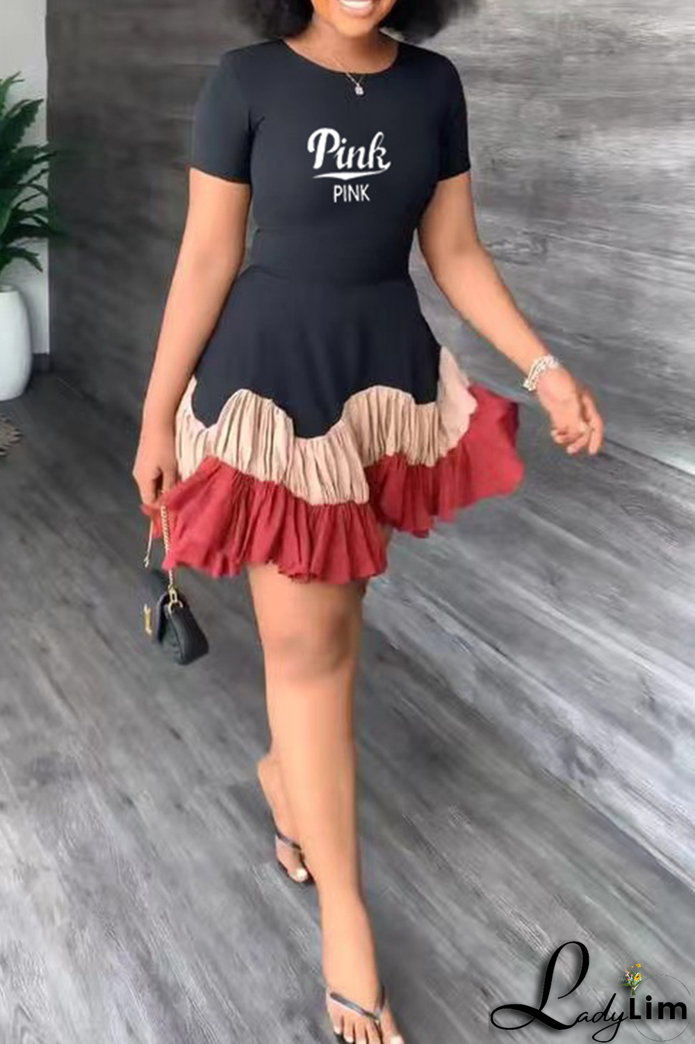 Black Casual Print Flounce O Neck Cake Skirt Dresses