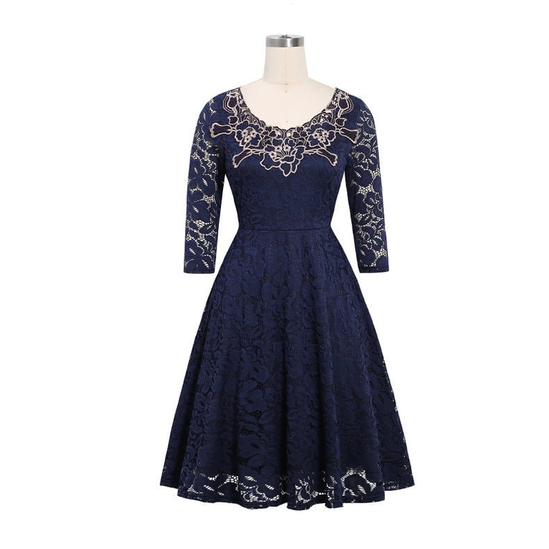 Fashion Solid Color Dress Lace Long Sleeve Large Swing
