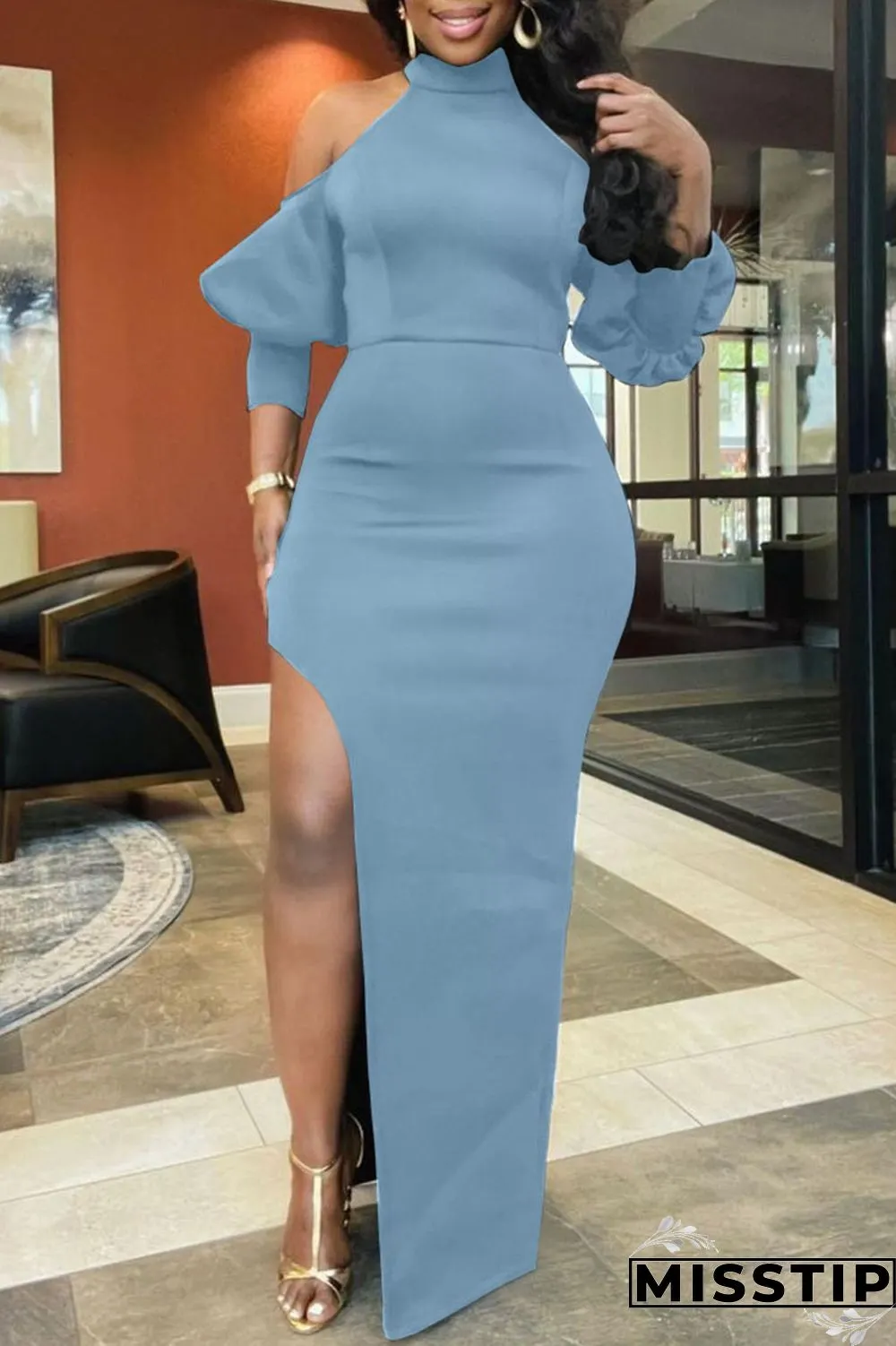 Pink Sexy Solid Patchwork High Opening Half A Turtleneck Straight Dresses