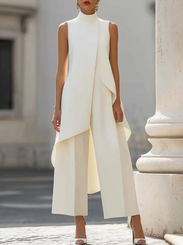 Women's Solid-color Cotton-linen Set: Stand-collar Sleeveless Top & High-waisted Wide-leg Pants