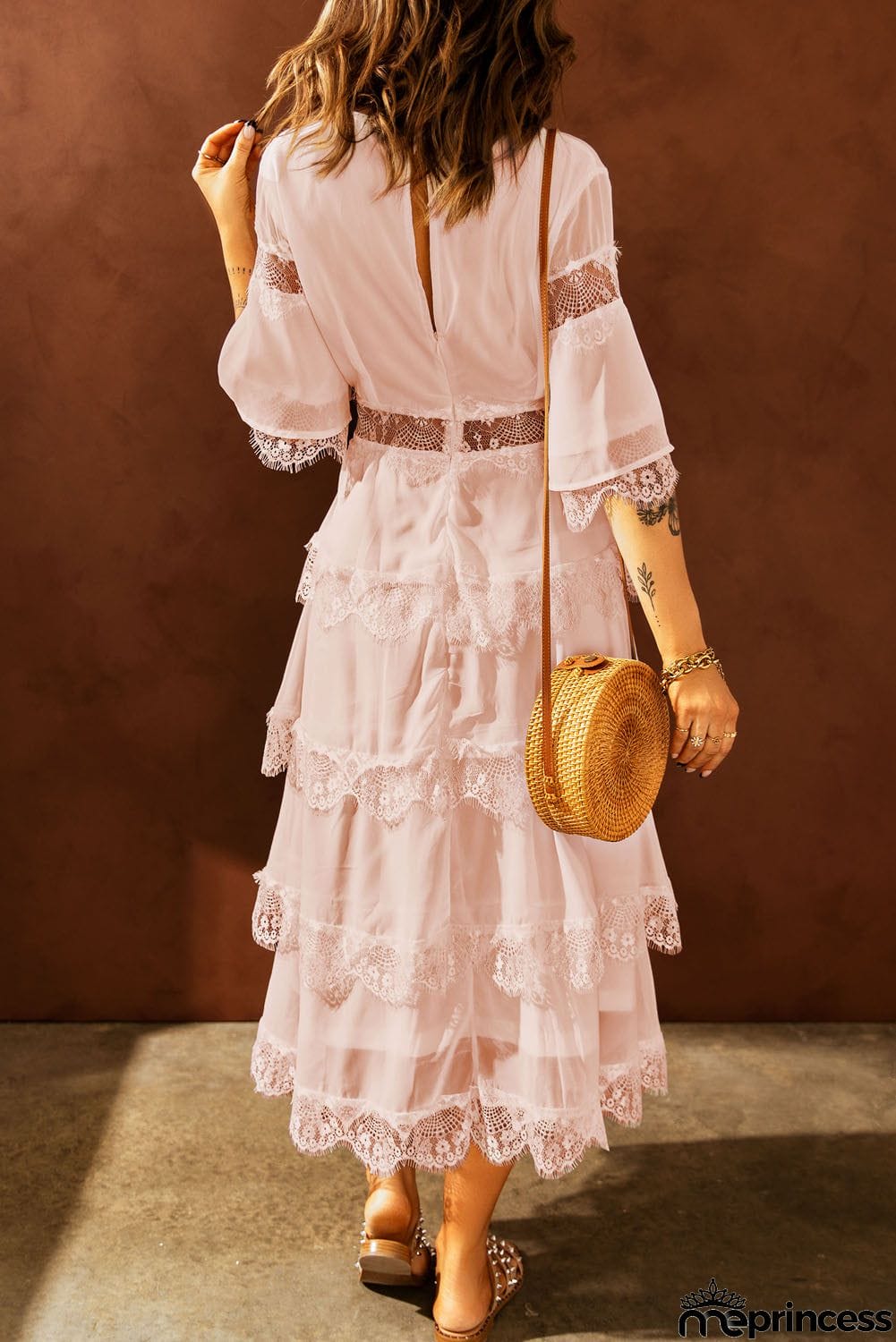 Pink Lace Patch Layered Long Dress
