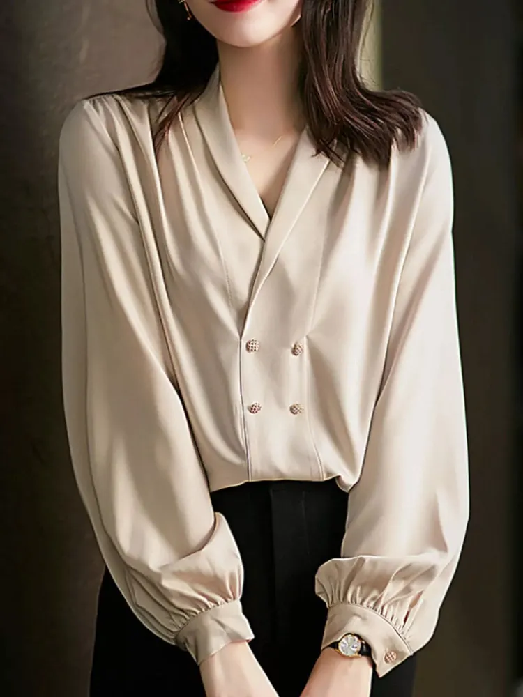 Ruched Front Decorative Button Long Sleeve Blouse