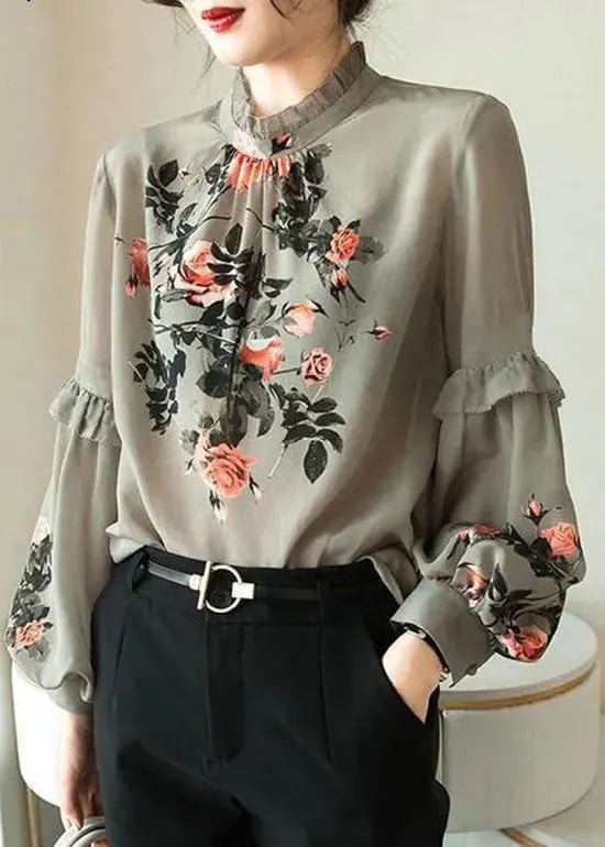 Italian Grey Green Stand Collar Ruffles Print Silk Shirt Tops Flare Sleeve