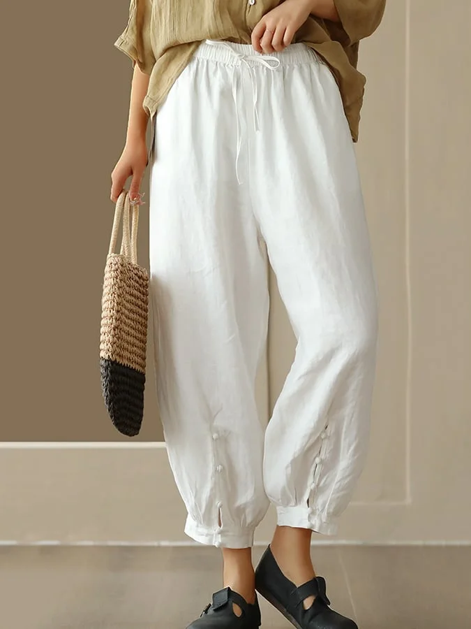 Women's Button Design Solid Color Loose Casual Cotton And Linen Pants