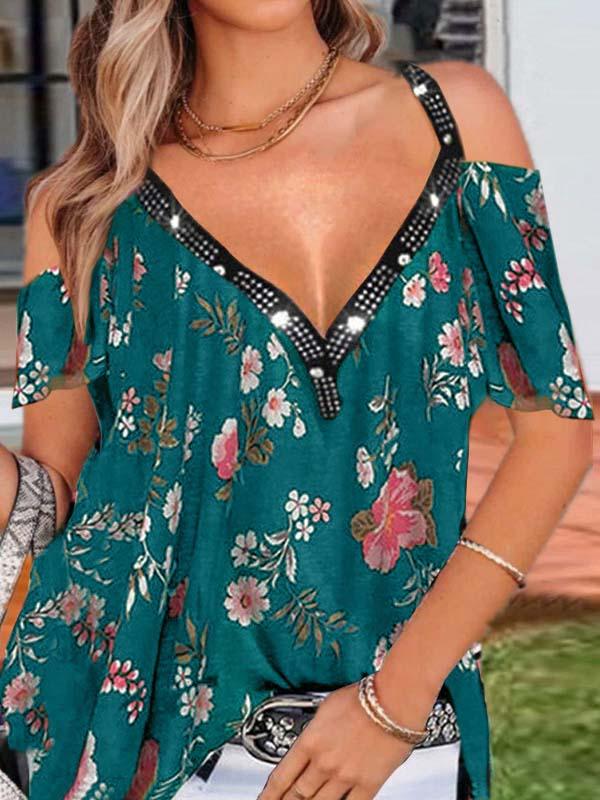 Women's V-neck Short Sleeve Floral Printed Tops