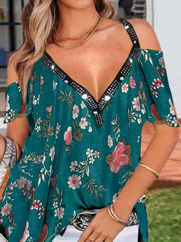 Women's V-neck Short Sleeve Floral Printed Tops