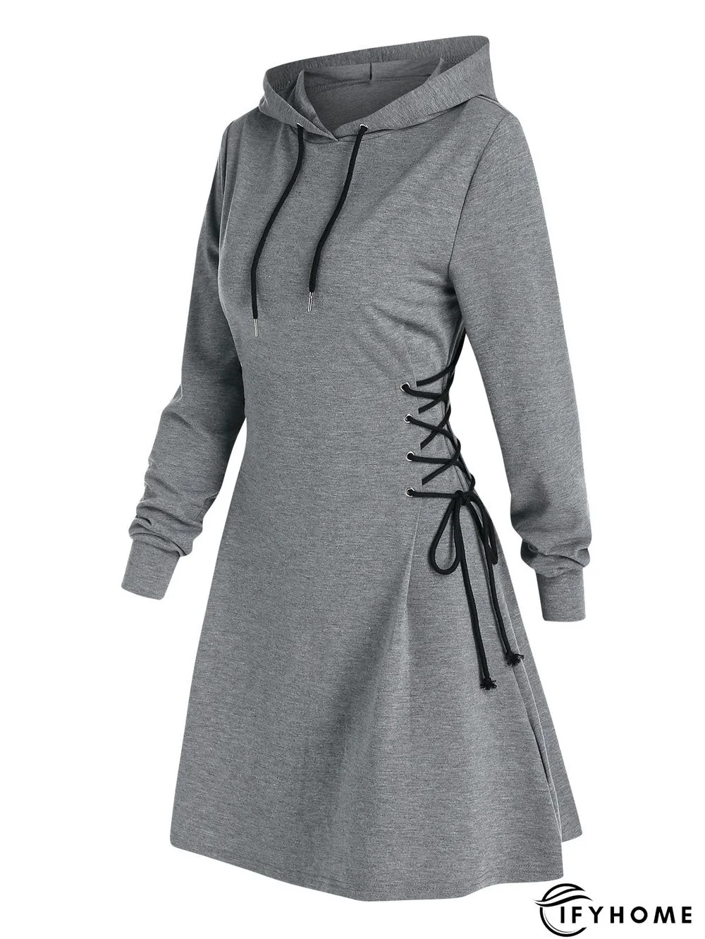 Women Long Sleeve Autumn Dress Drawstring Lace Up Hoodie Gothic Mini Dress | IFYHOME