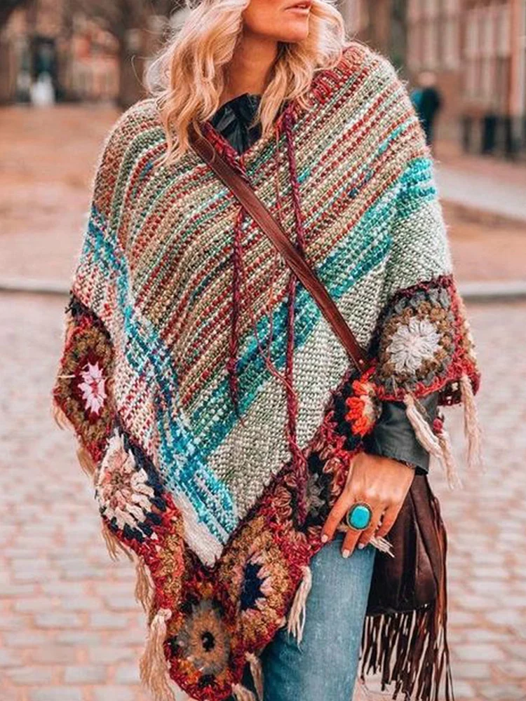 Mayoulove Multicolor Vintage V Neck Patchwork Tassel Knitted Outerwear-Mayoulove