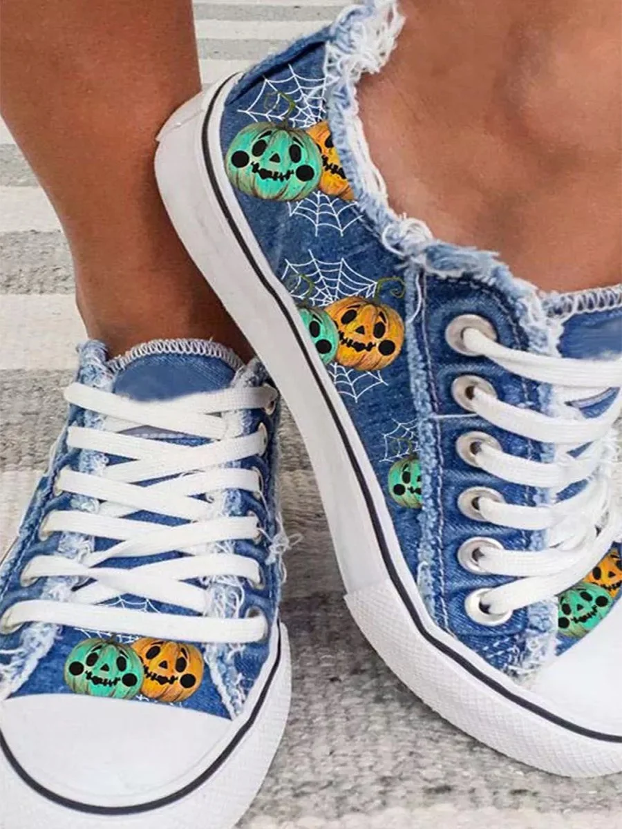 Halloween Pumpkin Spider Web Print Distressed Canvas Flats