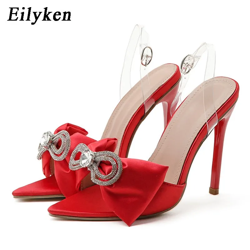 Eilyken Rhinestone Silk Butterfly-knot Women Mule high heels Slippers Sandals Pointed toe Strappy Slides Party shoes size 35-42