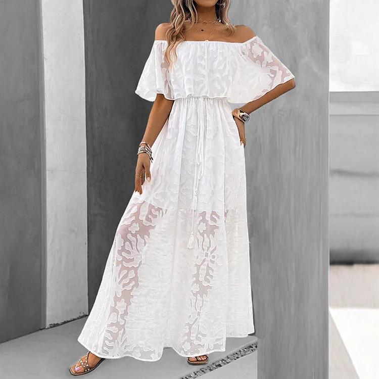 Casual Lace Off Shoulder Ruffled Empire Waist Slit Maxi Dress