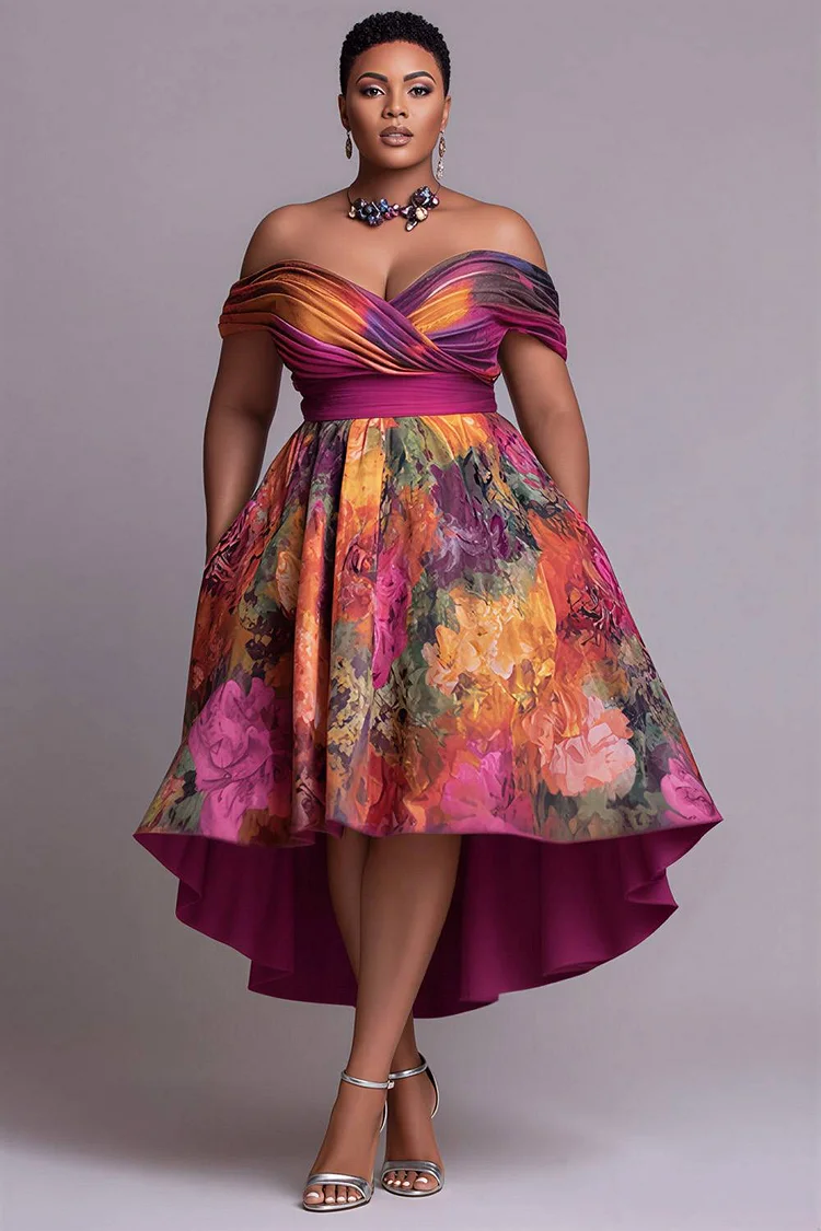 Xpluswear Design Plus Size Wedding Guest Multicolor Floral Off The Shoulder Pocket High Low Hem Satin Midi Dresses [Pre-Order] 2024 - Xpluswear