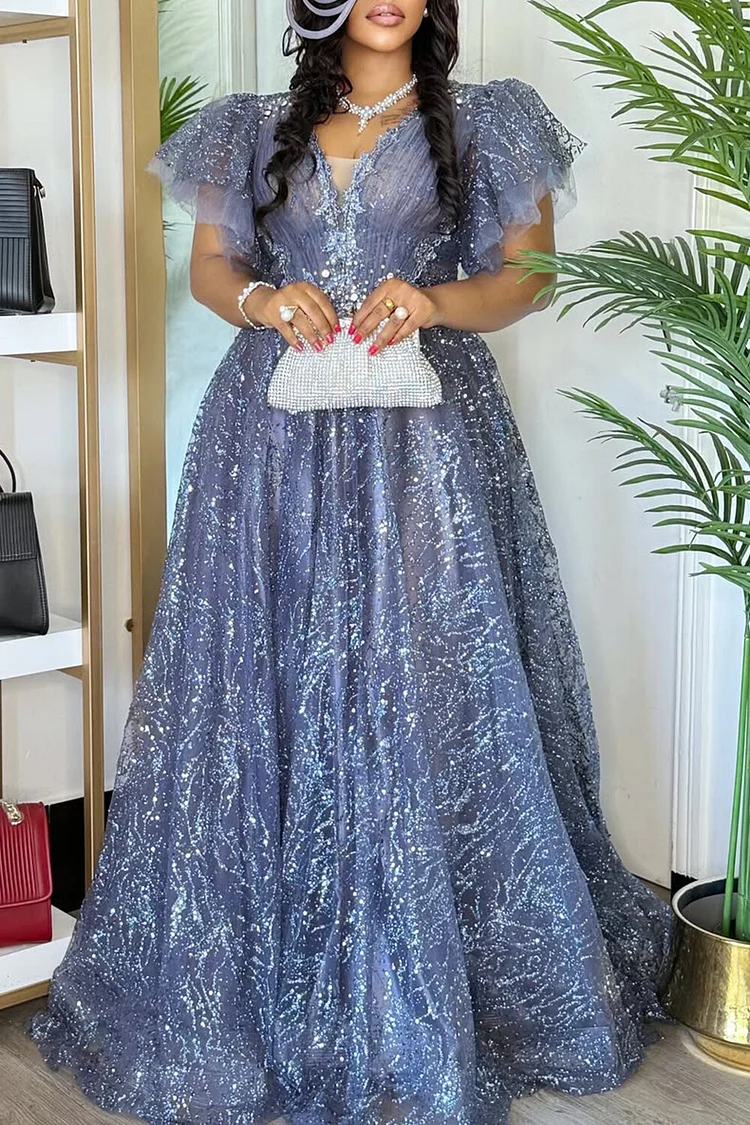 Plus Size Formal Blue V Neck Flutter Sleeve Ruffle Elegant Tulle Maxi Dresses [Pre-Order] 2024 - Xpluswear