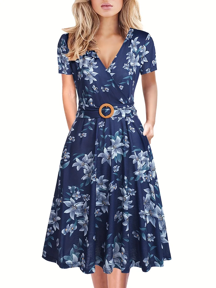 Navy Blue & Golden Elegant V-Neck Dress | Women's Criss-Cross Short Sleeve With Pockets, Fitted Bodice & Flared Skirt, Adjustable Belt, Machine Washable Spring/Summer Work Casual Church Tea Dress, Medium Stretch Fabric